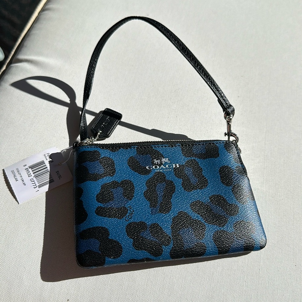 Coach blue and black cheetah print wristlet NWT